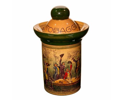 Exquisite tobacco jar with a colorful scene of excited gentleman, all cheering for the man on top of the table. There is a gr