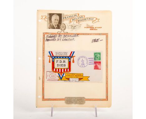 Commemorative memorabilia honoring Franklin Delano Roosevelt. Features a portrait of FDR in top left and a Frist Day Cover se