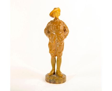 A slip-cast, bone china figure, hand-painted in khaki enamel under a clear glaze. 'DIGGER' incised at the front of the base. 