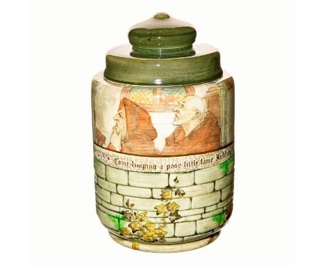 Ceramic; illustrated panels with men behind a brick wall. Doulton backstamp. Light crazing. Issued: 20th c. Dimensions: 6.5"H