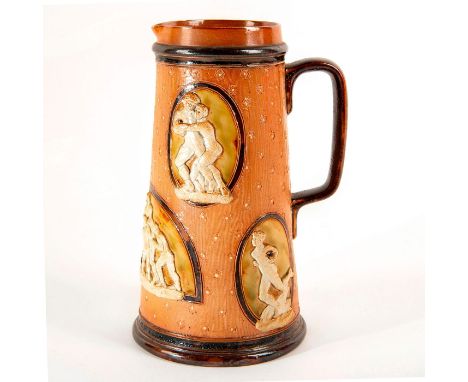 Sporting Memorabilia. Tan colored ground with rugby players molded in relief. Impressed floral motifs throughout body. Doulto