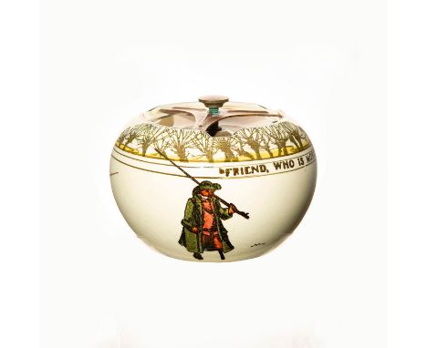 Rare Isaac Walton Ware tobacco jar with twist-lock lid in the Fishing pattern. Quote reads "Friend, who is more welcome to my