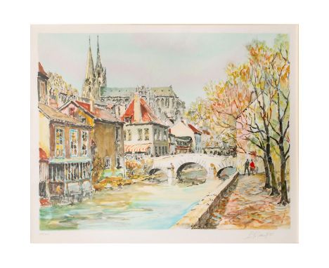 Exquisite watercolor painting of a Parisian village. Limited edition 133 of 350. Signed lower right. Depicts village houses a