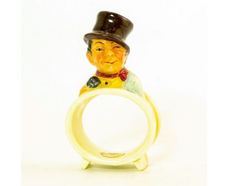 Ceramic napkin ring with a mini bust of Sam Weller on the top. Sam Weller is a fictional character in The Pickwick Papers (18