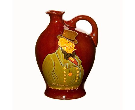 Exceptional rare flask with detailed raised portrait of Mr. Micawber on the front. Bottom front reads 'Micawber The ever-expe