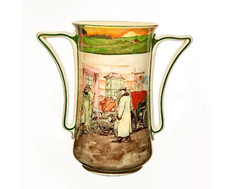Ceramic; decorated to each side with early motoring scenes, one titled, Blood Money. Doulton backstamp. Artist: George Holdcr