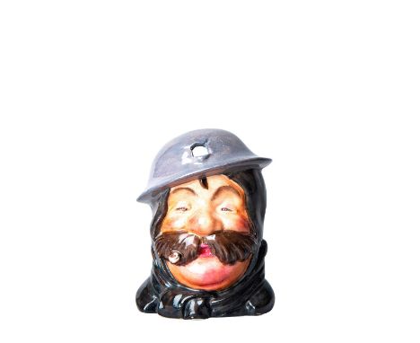 Shows British soldier with bullet hole in helmet. Artist: Bruce BairnsfatherDimensions: 5"HManufacturer: WilkinsonCountry of 