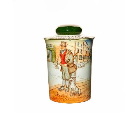 Dickens Ware. Ceramic; scene depicts Bill Sykes with dog. Signed Noke. Royal Doulton Dickens Ware backstamp. Titled on base. 