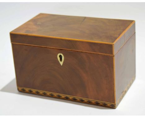 19th century mahogany and satinwood strung tea caddy with repeating diamond inlay to base and ivory escutcheon, 19cm wide x 1