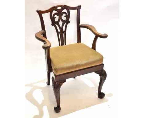 Chippendale style mahogany armchair, with pierced splat back and cabriole front supports with scroll feet