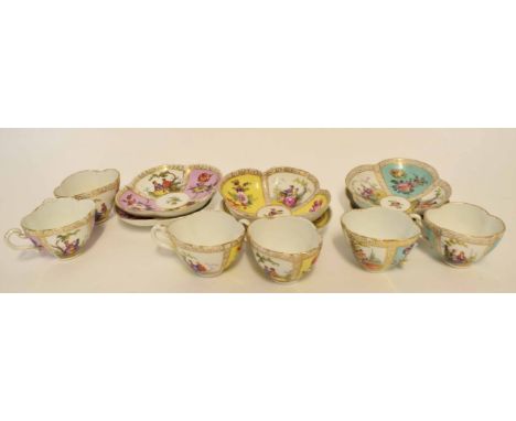 Group of Dresden style lobed cups and saucers with panels of figures in a landscape in Meissen style, saucers 15cm diam (6)