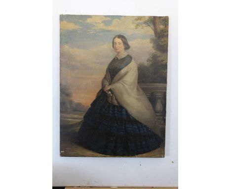 19th century English School oil on canvas, Full Length Portrait of a lady holding a rose, 61 x 46cm, unframed