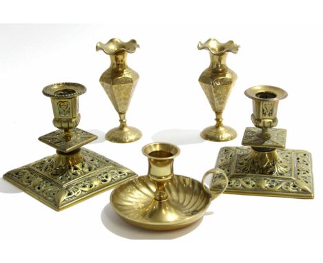 Pair of brass candlesticks together with a further chamber stick and a pair of brass vases