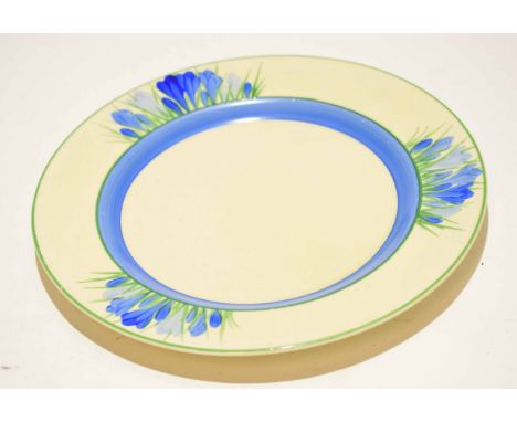 Clarice Cliff plate decorated in the blue crocus pattern with Clarice Cliff Bizarre back stamp to underside of base, 23cm dia