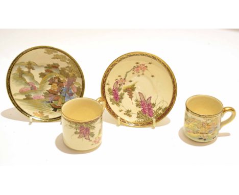 Group of two Satsuma earthenware coffee cans and saucers, one decorated with Samurai and scenic views with signature to base,