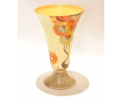 Clarice Cliff trumpet shaped vase decorated with the Rhodanthe pattern, shape 702, Clarice Cliff factory mark to underside of