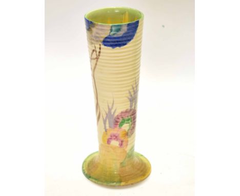 Clarice Cliff tall tapered vase, the ribbed body decorated with the Aurea pattern, shape 613, Bizarre back stamp to base, 27c