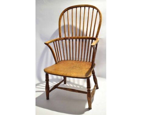 19th century stick back solid seat kitchen armchair with spindle back and H stretcher