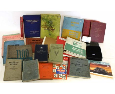 Box containing a quantity of various vintage original factory and workshop manuals to Include MG Magnette, Morris 3-Ton/5-Ton