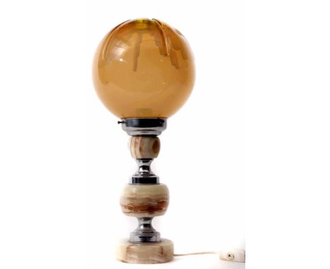 Mid/late 20th century onyx and chromium based electric table lamp with large spherical smoked glass globe, 59cm tall, globe d