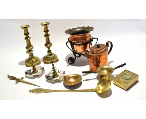 Box containing a pair of 19th century brass candlesticks, further 19th century brass ladle, a copper urn with flared rim with