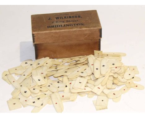 Box by J Wilkinson of Bridlington containing a quantity of bone bridge counters
