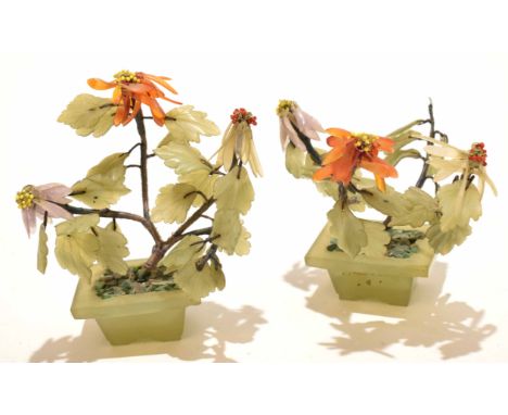 Two Chinese miniature trees with ceramic floral decoration
