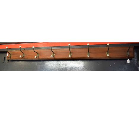 Large late 19th/early 20th century rectangular coat/hat rack fitted with brass plated hooks and ceramic balls (a/f), 180cm lo