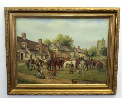 R M Crompton, signed, oil on board, Village scene with horse gathering, 43 x 59cm