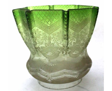 Late 19th century green coloured glass oil lamp shade with a floral design