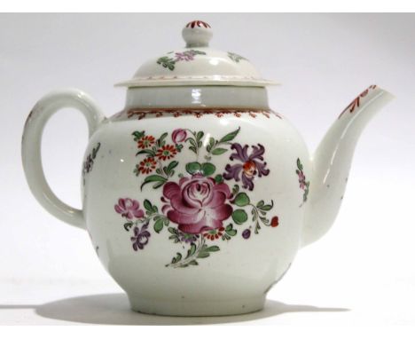 18th century Lowestoft tea pot and cover with polychrome decoration of flowers in Worcester style, 14cm high