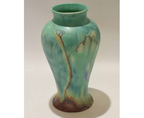 Clarice Cliff Inspiration vase decorated in tones of green and streaked blue, Bizarre back stamp to base and Inspiration, 32c