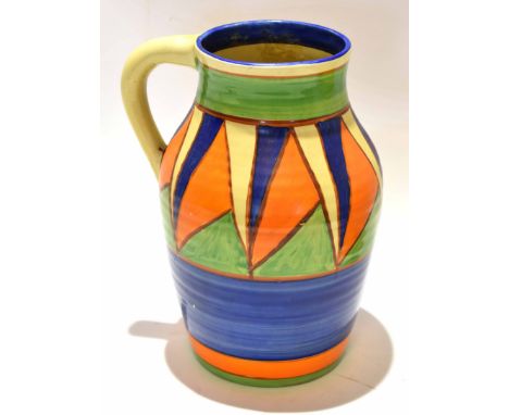 Clarice Cliff Lotus jug with a geometric style pattern with Clarice Cliff backstamp to base and Bizarre backstamp, 30cm high 