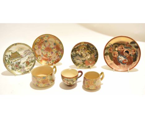 Group of three Satsuma earthenware cups and saucers together with a further Satsuma saucer, (7)