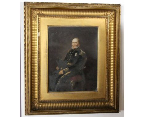 Victorian School, oil over print base, Portrait of a soldier, 22 x 16cm 