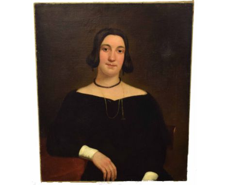 19th century English School, oil on canvas, half-length portrait of a seated lady, 76 x 63cm