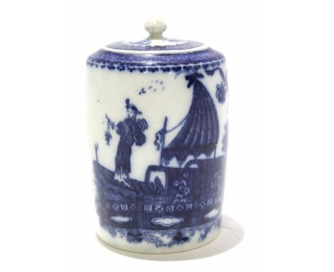 18th century Caughley or Worcester porcelain tea canister and cover decorated with the fishermen pattern, 12cm high