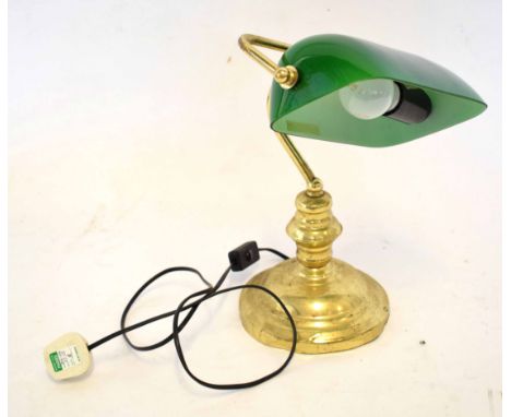 Victorian style brass effect desk lamp with green adjustable shade on a circular base, 35cm tall x 26cm diam