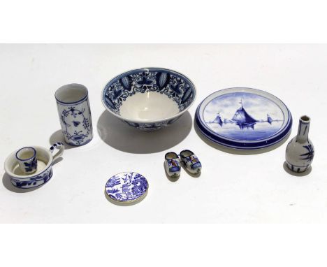 Group of blue and white Continental wares, comprising a small beaker and a vase, a candlestick, small Coalport dish and a lar