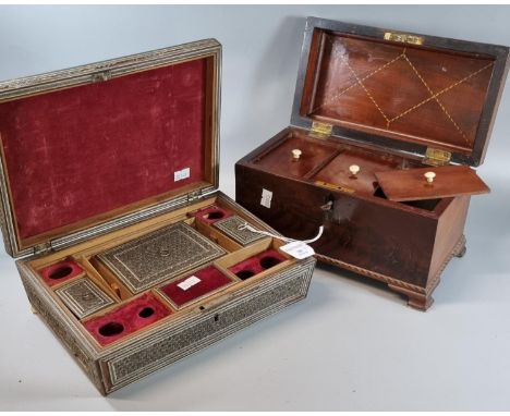 Georgian mahogany and herringbone inlay tea caddy having brass swan neck handle, the interior revealing three compartments, w
