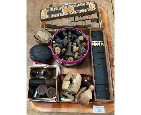 Tray of assorted games, to include: cribbage, dominoes, draughts, pocket solitaire, chess pieces etc.  (B.P. 21% + VAT) 