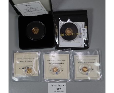 Collection of small gold commemorative coins, to include: History of Aviation Concorde coin (.5g), History of Our Monarchy Ge