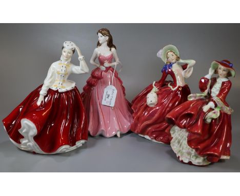 Three Royal Doulton bone china figurines, to include: 'Gail', 'Autumn Breezes' and 'Top O' the Hill' together with a Coalport
