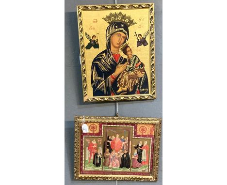 Gilt framed Icon, painted and printed in Russian Orthodox style, painted and printed on canvas.  43x31cm approx.  together wi