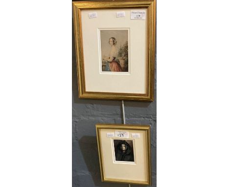 Framed Baxter print, portrait of a lady in a garden together with a small watercolour study of a lady.  Framed and glazed.  (