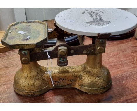 British made gilt metal shop scales with circular ceramic pan.  (B.P. 21% + VAT) 
