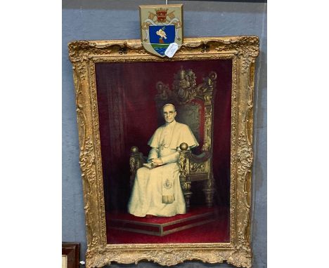 Portrait of a seated Eugenio Maria Gieseppe Gionanni Pacelli, Pope Piun XII (1876-1958) coloured print on canvas within gilt 