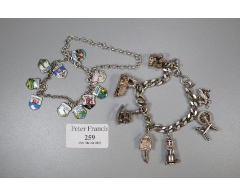 A silver charm bracelet with various charms including a spinning wheel, rocking chair, clock etc.  Together with an 800 silve