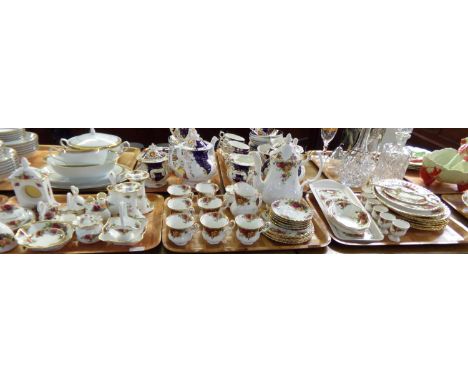 Four trays of Royal Albert 'Old Country Roses' china: two, two tiered cake stands, sandwich plate, six side plates, six bowls