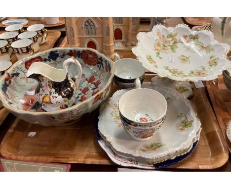 Tray of china: Gaudy Welsh cups etc, two scallop edged Austrian plates with a matching tazza decorated with dog roses, marks 